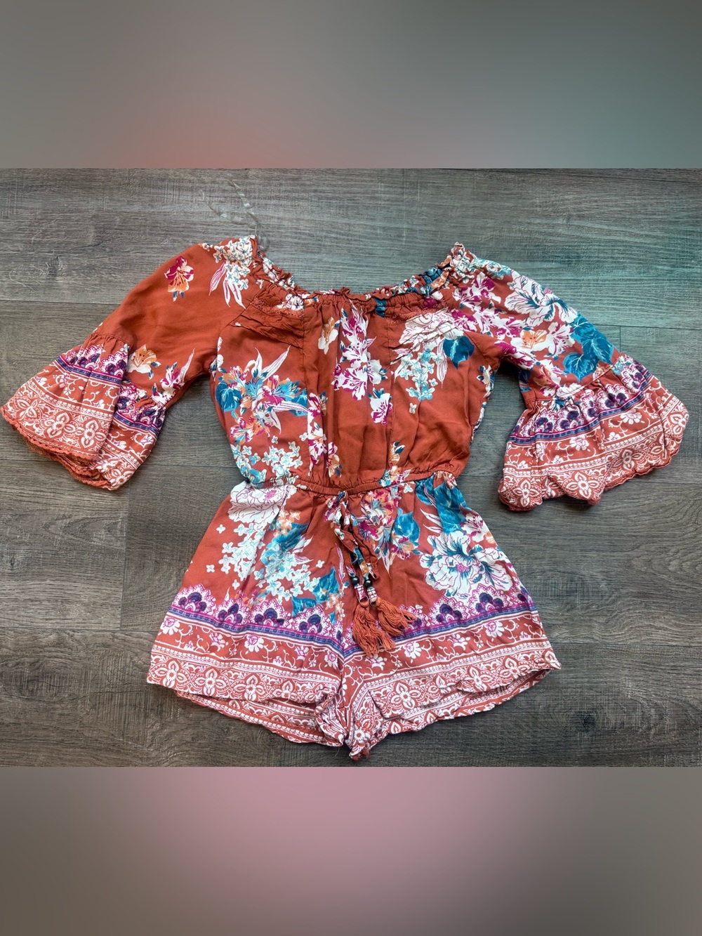 Rust Floral Off-Shoulder Kids One-Piece Romper with Tassel Tie
